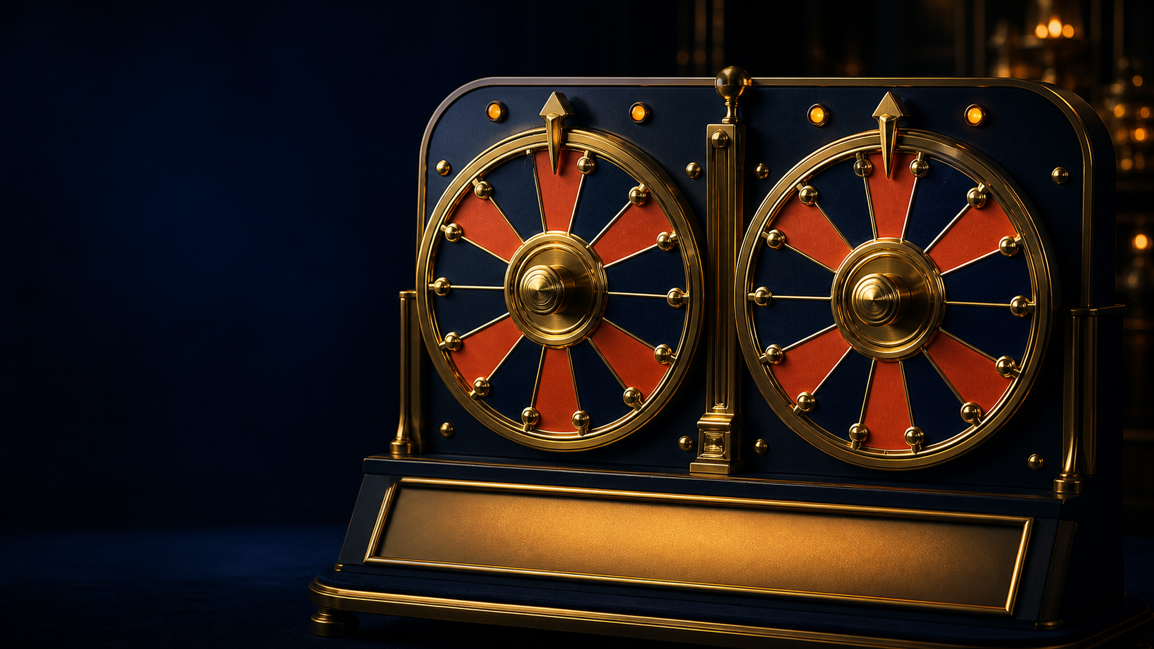 Two polished roulette-style digit wheels in a dark blue and gold setting
